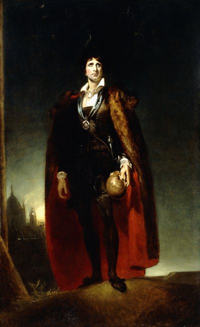 Ritratto di John Kemble come Amleto, in piedi a figura intera in un paesaggio, con un mantello e un teschio da Thomas Lawrence