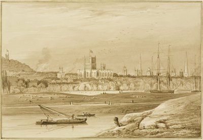 Bristol da Coronation Road con Cumberland Road, il New Cut e una vista delle chiese di Bristol da Thomas Leeson the Elder Rowbotham