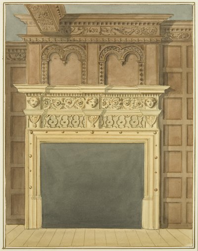 Camino e pannellatura, datati 1632, in una casa sul lato nord di St Nicholas Street da Thomas Leeson the Elder Rowbotham