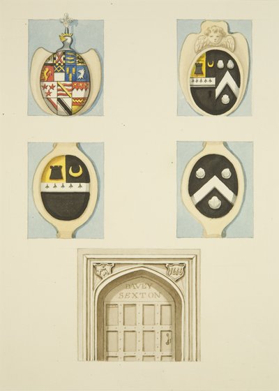 Stemmi e pennacchi sopra la porta della Casa del Sagrestano a Whitson Court da Thomas Leeson the Elder Rowbotham