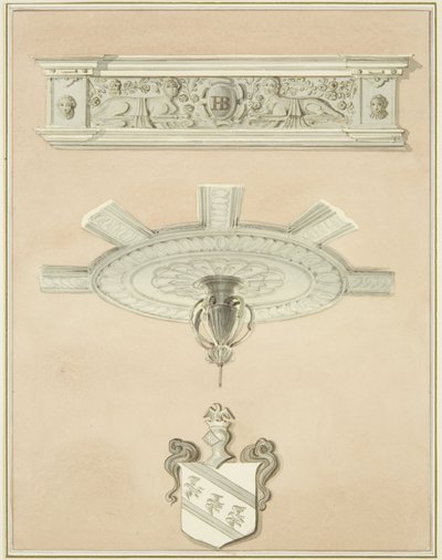 Dettagli della stanza nella Biblioteca Giuridica, incluso il pendente centrale del soffitto e la cornice da Thomas Leeson the Elder Rowbotham