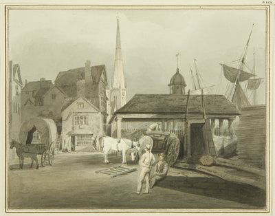 Estremità nord-est di King Street, con il mercato gallese nel 1802 da Thomas Leeson the Elder Rowbotham