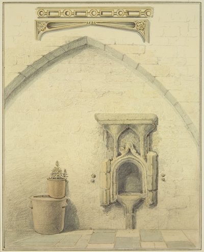 Piscina, fregio e spandrel nel cortile di 131 Temple Street da Thomas Leeson the Elder Rowbotham