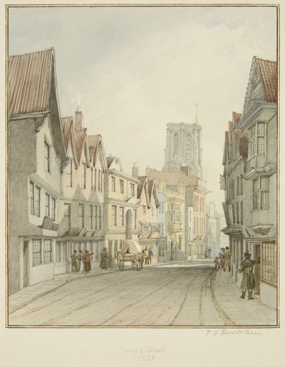 Temple Street, con la torre della Chiesa del Tempio da Thomas Leeson the Elder Rowbotham