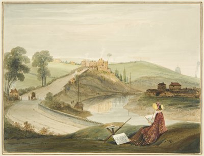 Totterdown e Pile Hill da Bath Road, mostrando il casello di Brislington (con una Miss Braikenridge? che disegna) da Thomas Leeson the Elder Rowbotham