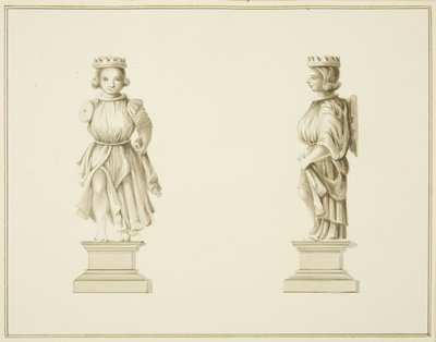 Due vedute di una figura intagliata in legno nella sala della sagrestia della Chiesa di San Giovanni da Thomas Leeson the Elder Rowbotham