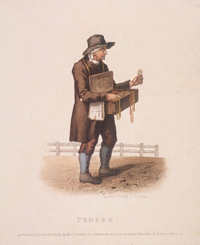 Venditore ambulante con la sua scatola di merci appesa al collo, 1820 da Thomas Lord Busby