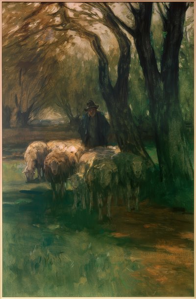 Gregge di pecore sotto gli alberi da Thomas Ludwig Herbst