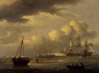 Una nave indiana in sosta e barche al largo della costa sud da Thomas Luny