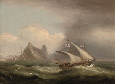 Un xebec armato nel Mediterraneo, una fregata britannica al suo poppa e che corre lungo una costa rocciosa, 1822 da Thomas Luny