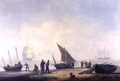 Pescatori su una spiaggia, con navi al largo da Thomas Luny