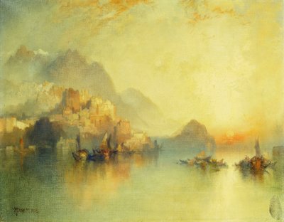 Un villaggio sulla collina al tramonto, 1918 da Thomas Moran