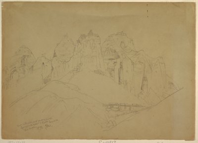 Disegno, fiume Rio Virgin con grandi formazioni rocciose, 1873 da Thomas Moran