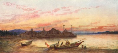 Villaggio Siwash, Costa del Pacifico (litografia a colori) da Thomas Mower Martin