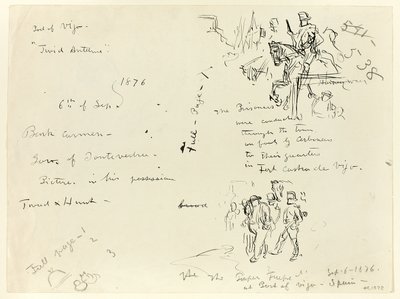 Foglio di schizzi: Soldato a cavallo e Soldato con sciabola che condanna un prigioniero (recto); Foglio di schizzi (verso) da Thomas Nast