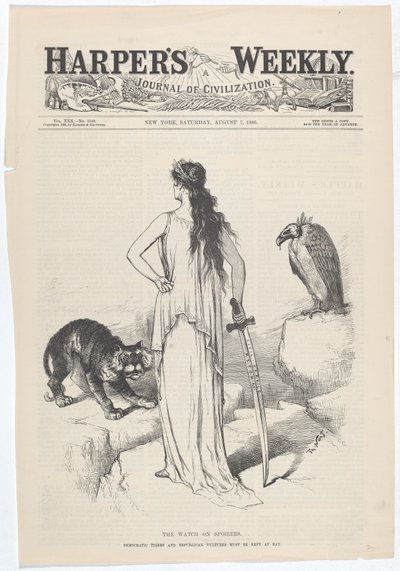 La guardia sugli spoiler. Le tigri democratiche e gli avvoltoi repubblicani devono essere tenuti a bada. da Thomas Nast