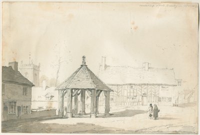 Abbots Bromley Tudor - Croce del mercato e casa: disegno a matita e lavaggio da Thomas Peploe Wood