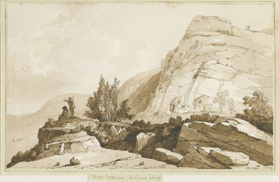 Kinver Edge - Megs Foxhole: disegno a seppia, 1837 da Thomas Peploe Wood