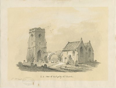 Chiesa di Rugeley (Vecchia): disegno a seppia su carta tinta, nd [?1839] da Thomas Peploe Wood
