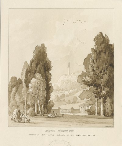 Sandon - Monumento a William Pitt: disegno a lavaggio seppia, 1838 da Thomas Peploe Wood