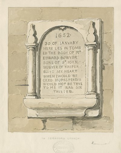 Chiesa di Seighford - Tavoletta di pietra per Edward Bowyer da Thomas Peploe Wood