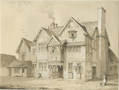 Stafford - Vecchie case in Crabbery Lane: disegno a penna e seppia da Thomas Peploe Wood