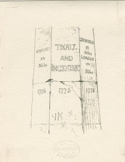 Tixall - Pilastro di pietra che mostra le distanze da Thomas Peploe Wood