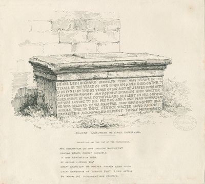 Tixall - Tomba a tavola nel cimitero della chiesa: disegno a penna e inchiostro da Thomas Peploe Wood