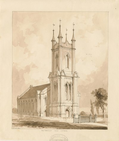 Chiesa di West Bromwich [Nuova]: disegno a lavaggio di seppia da Thomas Peploe Wood