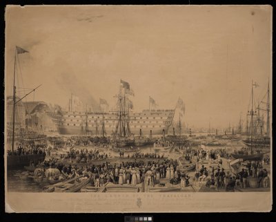 Il varo del Trafalgar, alla presenza di Sua Maestà la Regina Vittoria e Sua Altezza Reale il Principe Alberto, al cantiere navale di Woolwich da Thomas Picken