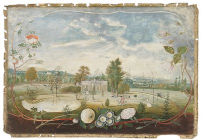 La serra a Woodside House, Old Windsor, in un cartiglio decorato con fiori da Thomas Robins