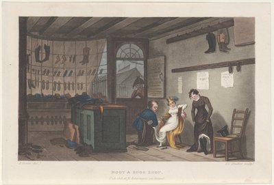 Negozio di stivali e scarpe, da Poetical Sketches of Scarborough, 1813 da Thomas Rowlandson, Joseph Constantine Stadler, J. Bluck