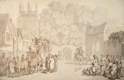 Una carrozza che si prepara a lasciare Canterbury Gate, Christ Church, Oxford, c.1810-15 da Thomas Rowlandson