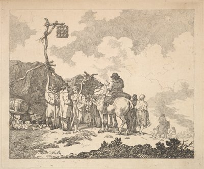 Una fiera - Un gruppo di zingari - Uomini e donne in abiti rustici davanti a due baracche da Thomas Rowlandson
