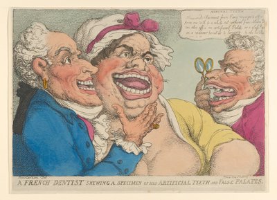 Un dentista francese mostra un esemplare dei suoi denti artificiali e palati falsi da Thomas Rowlandson