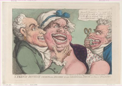 Un dentista francese mostra un campione dei suoi denti artificiali e palati falsi da Thomas Rowlandson