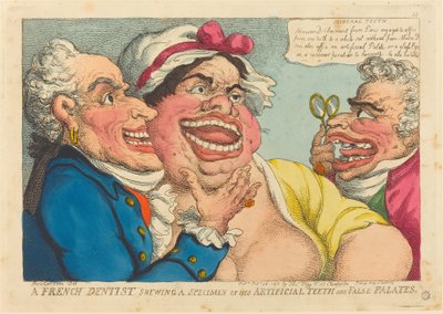 Un dentista francese mostra un esemplare dei suoi denti artificiali e palati falsi da Thomas Rowlandson
