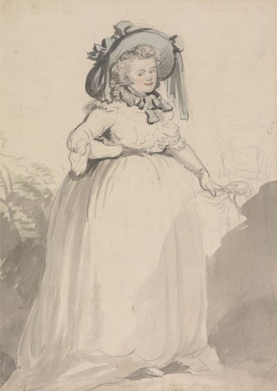 Una signora con un abito bianco e un cappello blu da Thomas Rowlandson