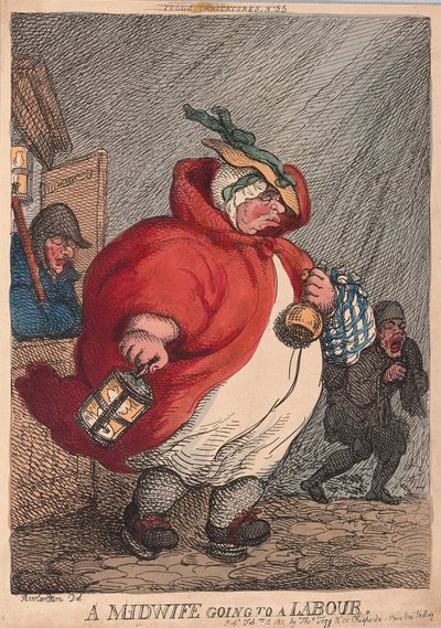 Una levatrice che va a un parto, pub. 1811 (incisione colorata a mano) da Thomas Rowlandson