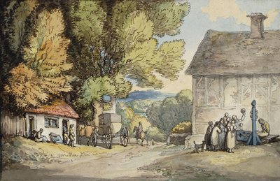 Un villaggio verde: una carrozza fermata sotto un albero, con un uomo nei ceppi e un gruppo di spettatori da Thomas Rowlandson