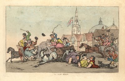 Corsa di carri in una città inglese con un incidente in primo piano da Thomas Rowlandson