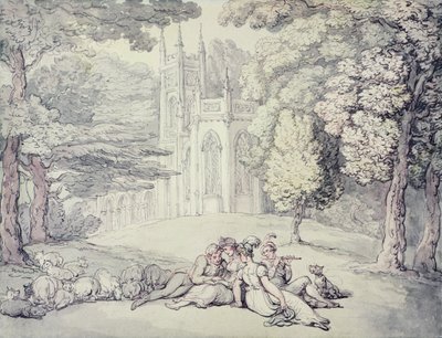 Un prato del college con un gruppo di fanciulle e giovani gentiluomini in primo piano da Thomas Rowlandson