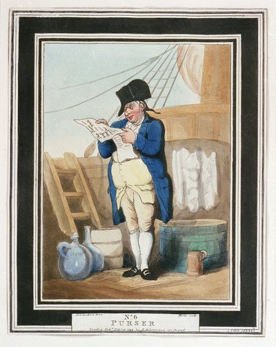 Un comandante di nave, nella Royal Navy del XVIII secolo, per raggiungere questo grado, un uomo doveva aver servito almeno un anno come segretario del capitano, per scrivere la posta e il diario di bordo, il commissario era responsabile delle riserve di bo da Thomas Rowlandson