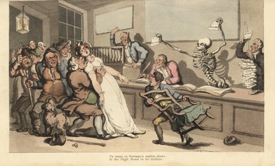 Una donna muore di shock alla vista di un foglio bianco brandito dallo scheletro della Morte in un ufficio della lotteria da Thomas Rowlandson