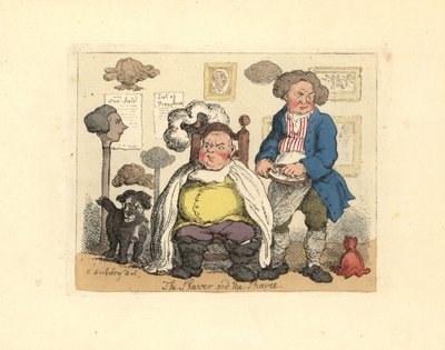 Barbiere e cliente in una barberia decorata con parrucche da Thomas Rowlandson