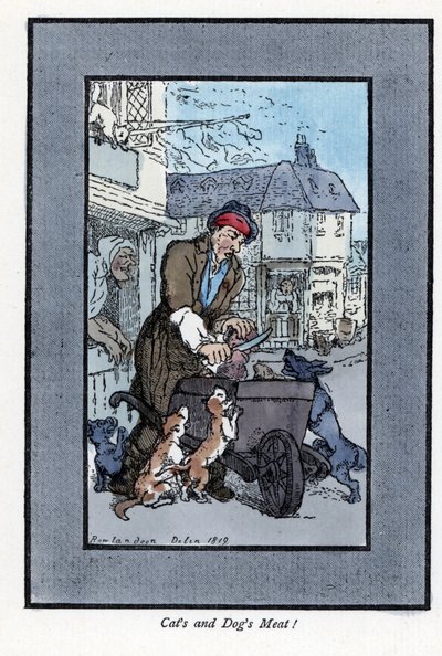 Macellaio itinerante che taglia un pezzo di carne, mentre cani e gatti attaccano la ruota della sua carriola. Incisione su legno, basata su un dipinto di Thomas Rowlandson (1756-1827), pubblicata in The Cris of London: con sei bambini affascinanti e quasi  da Thomas Rowlandson
