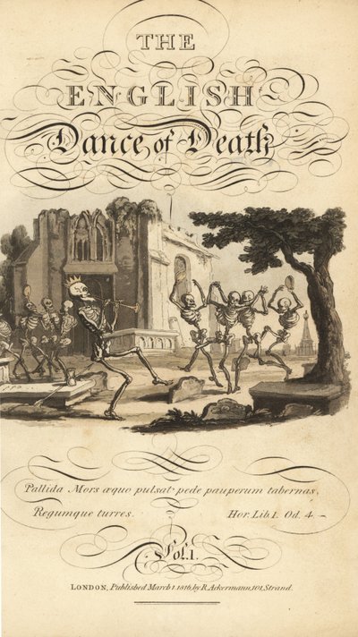 Titolo calligrafico e vignetta di scheletri che danzano con tamburelli e corni in un cimitero vicino a una chiesa in rovina. da Thomas Rowlandson