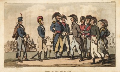 Il capitano Johnny Newcome in servizio come aiutante di campo del duca di Wellington durante la campagna della penisola. Incisione a mano colorata su rame disegnata e incisa da Thomas Rowlandson da Le avventure militari di Johnny Newcome del colonnello Dav da Thomas Rowlandson