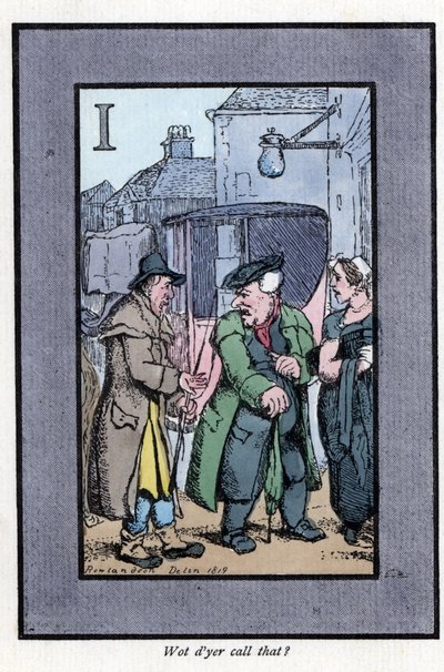 Check Hackney che si lamenta con i passeggeri per le piccole mance (1819). Incisione su legno, basata su un dipinto di Thomas Rowlandson (1756-1827), pubblicata in The Cries of London: con sei bambini affascinanti e quasi 40 illustrazioni, di Andrew Tuer,  da Thomas Rowlandson
