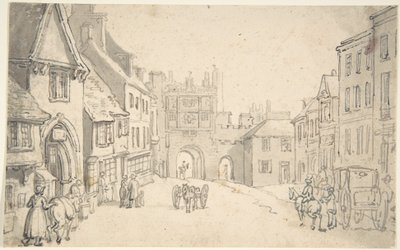Veduta della città con porta medievale (forse York) da Thomas Rowlandson